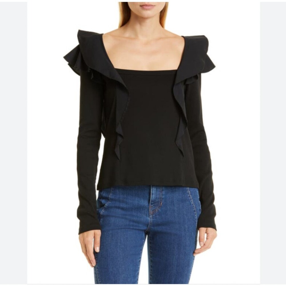 Veronica Beard Gidea Shirt Womens S Black Ruffle Square Neck Long Sleeve Top